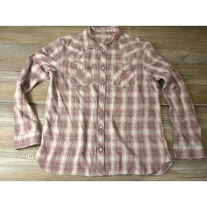 AllSaints Serape Shirt Mens XXL Pink Gray Plaid Pearl Snap Long Sleeve Western